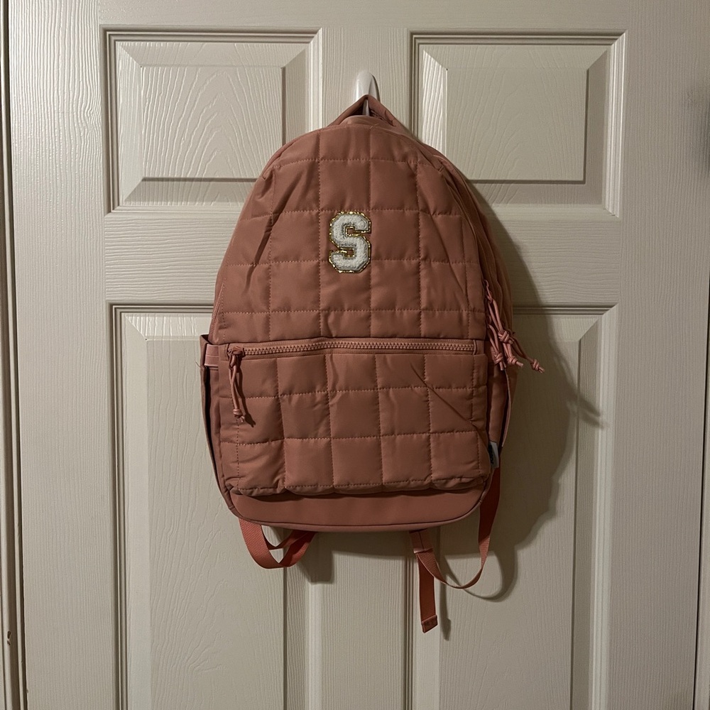 Quilted Backpack with Initial Patch - image 1